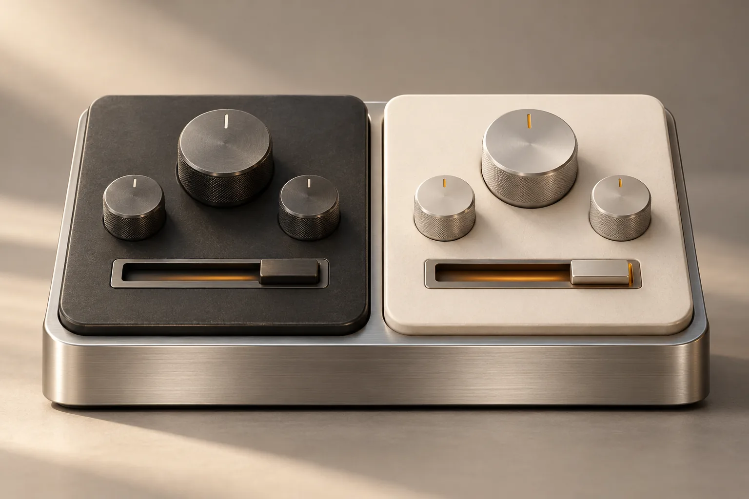 Composition conceptuelle générée : deux panneaux de commande abstraits aux repères semblables, réunis sur une même base en aluminium.