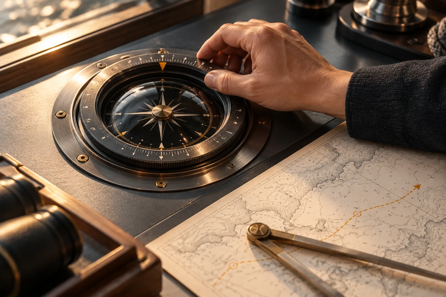 Composition conceptuelle générée : une main règle le cap d’un compas de navigation, près d’une carte et d’instruments de précision.
