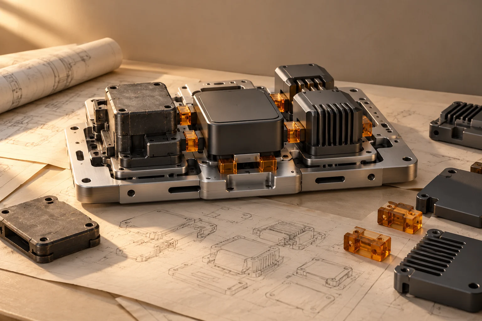 Composition conceptuelle générée : des modules graphite anciens et récents, reliés par des raccords ambre sur un socle en aluminium posé sur des plans.