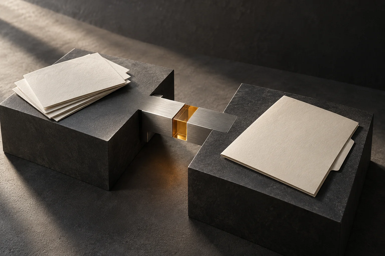 Composition conceptuelle générée : deux blocs graphite reliés par un raccord en acier avec un repère central en ambre, accompagnés de dossiers ivoire.