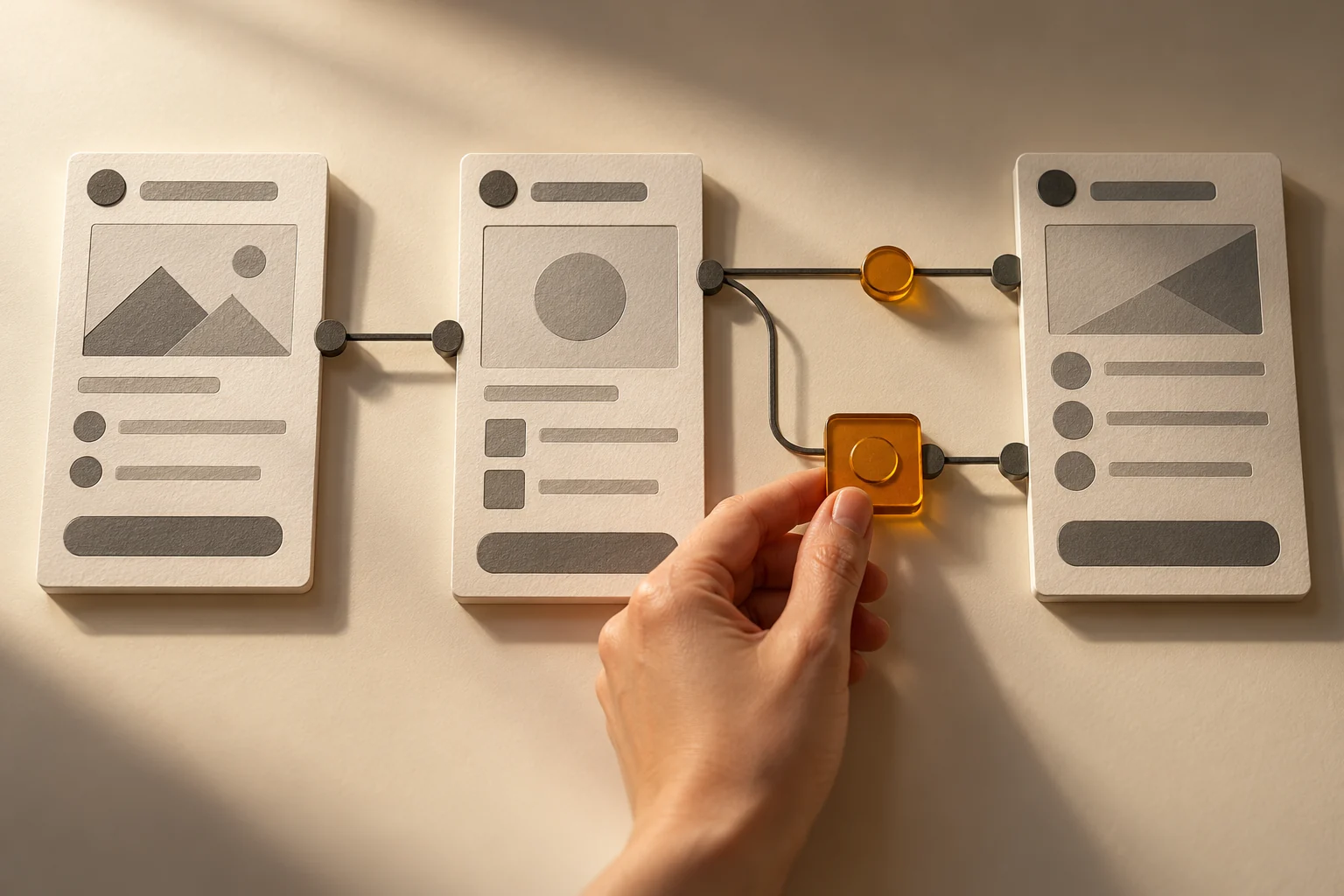 Composition conceptuelle générée : trois maquettes d’écrans sans texte sur une table ivoire, reliées par un parcours graphite à deux branches qu’une main ajuste.